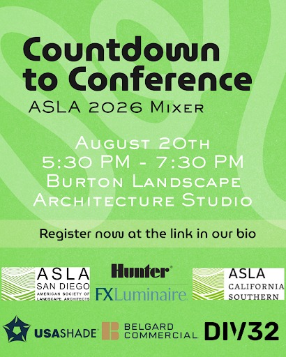 🎉ASLA So Cal and San Diego are counting down to the 2026 Conference on Landscape Architecture in LA with a tailgate mixer at Burton Landscape Architecture Studio! This casual mixer is a great way to get involved and mingle together before the national conference in September. Come learn the advantages of getting involved in ASLA!
Who: All landscape architecture professionals.
Save the date for August 20th from 5:30-7:30pm at Burton Landscape Architecture Studio!
307 S Cedros Ave, Solana Beach, CA 92075, USA
You can register now at the link in our bio!