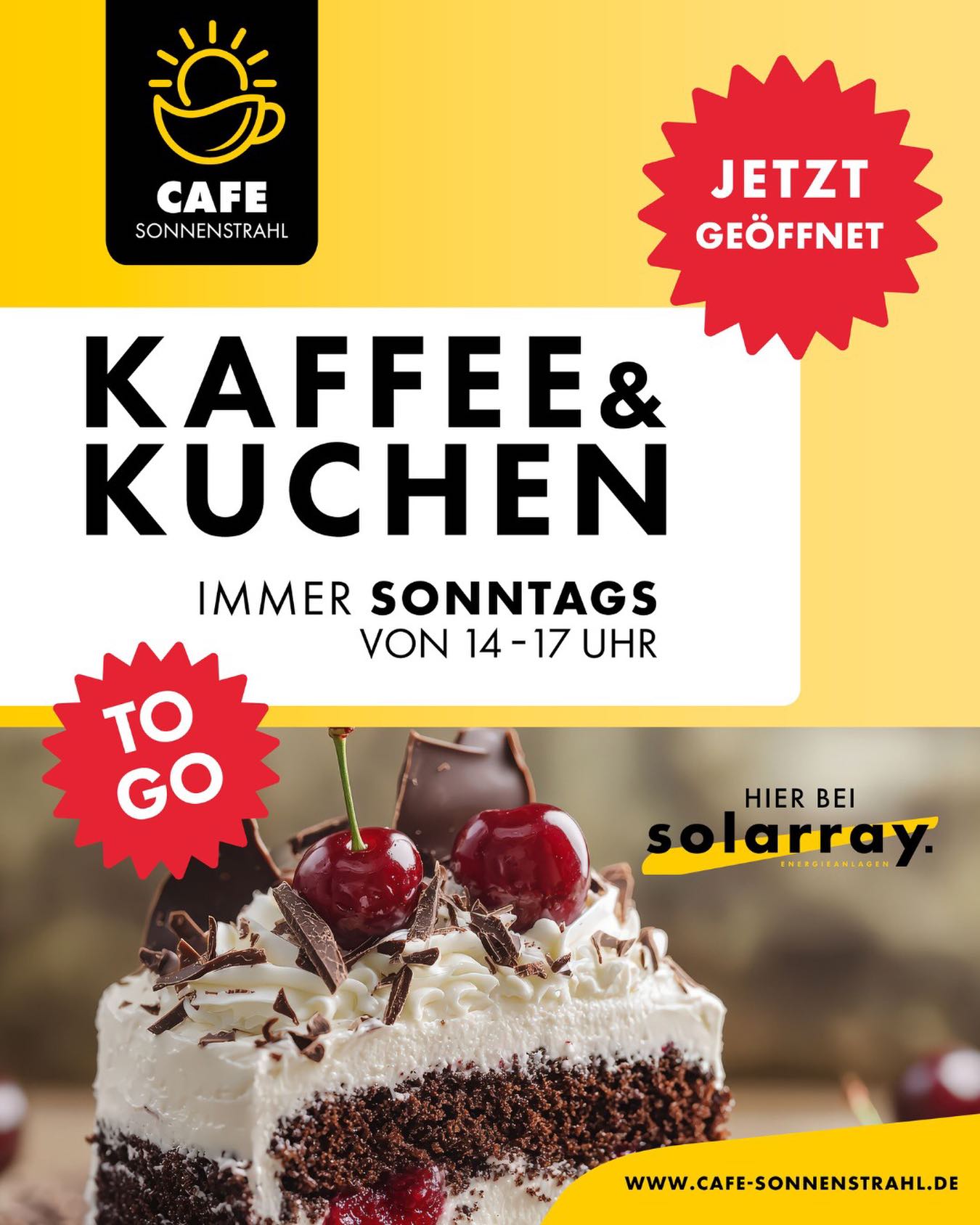 Mach deinen Sonntag zum Sonnenstrahl-Tag! ☀️🍰
Bei solarray nutzen wir die Kraft der Sonne nicht nur für nachhaltige Energieanlagen, sondern auch für puren Genuss! Direkt an unserem Standort findet ihr das Café Sonnenstrahl. Kommt vorbei und gönnt euch Kaffee und Kuchen – natürlich auch „To Go“ – perfekt verpackt, wenn ihr weiterwollt!
Wann? Immer sonntags von 14:00 bis 17:00 Uhr. Wo? Genau hier bei solarray.
Mehr Infos und die Anfahrt findet ihr über den Link in unserer Bio. Wir freuen uns auf euch! ☕
#solarray #cafesonnenstrahl #energietrifftgenuss #regionalerzeugen #sonntagsausflug